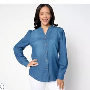 Belle by Kim Gravel Stretch Denim Puff Shoulder Blouse